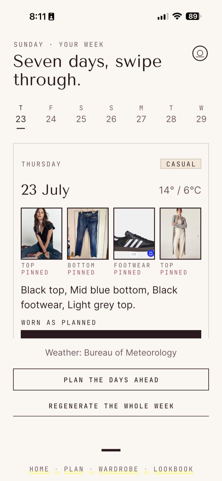 The Lookahead app showing a planned week of outfits — a photo for each piece.